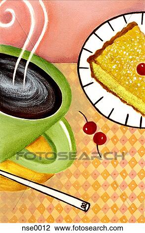Drawing - Closeup of a cup of coffee, a piece of pie and cherries. Fotosearch