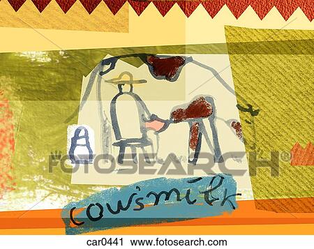 Clip Art - Collage illustrating a man milking a cow. Fotosearch
