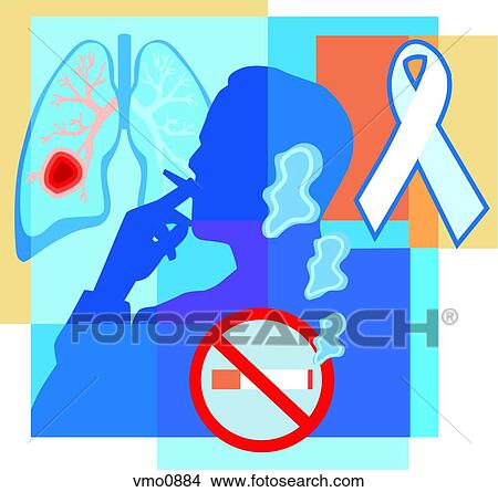 Stock Illustration - Collage illustrating lung cancer with a clear ribbon, a man smoking and a no smoking sign. Fotosearch