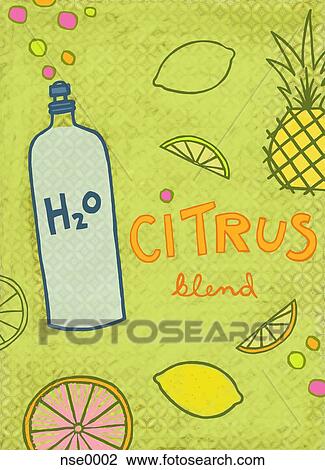 Drawing - Collage illustration of citrus fruits, pineapple and water. Fotosearch