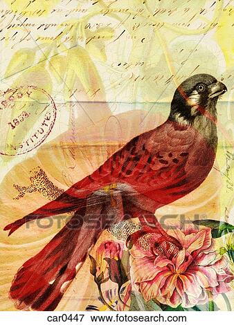 Stock Illustration - Collage of a bird, flowers and old letters. Fotosearch