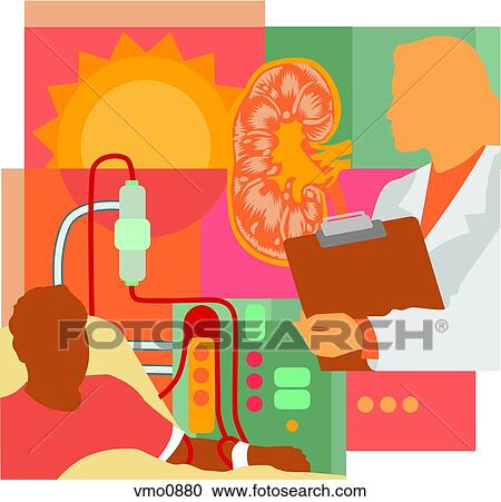 Collage of a kidney, a doctor, a sun, and a patient on dialysis View Large Illustration Clipart - Collage of a kidney, a doctor, a sun, and a patient on dialysis. Fotosearch