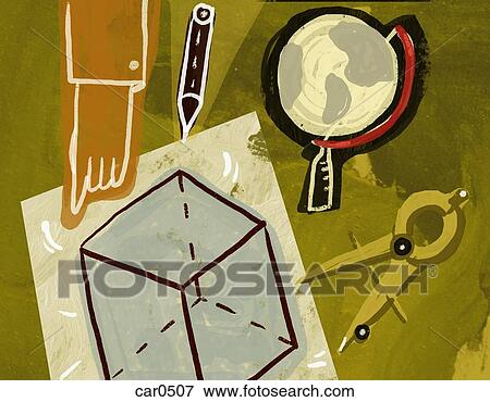 Collage of a pointing hand, a pencil, a globe, a compass and a drawing of a cube View Large Illustration Stock Illustration - Collage of a pointing hand, a pencil, a globe, a compass and a drawing of a cube. Fotosearch
