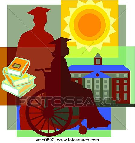 Collage of a sun, students in caps and gowns with one in wheelchair, stack of books and a building View Large Illustration Drawing - Collage of a sun, students in caps and gowns with one in wheelchair, stack of books and a building. Fotosearch