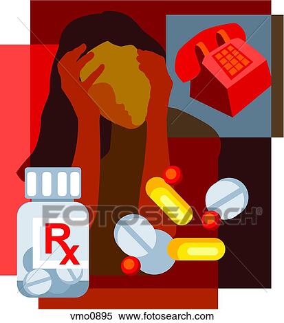 Collage of a woman holding her head, a telephone, prescription medication and pills View Large Illustration Stock Illustration - Collage of a woman holding her head, a telephone, prescription medication and pills. Fotosearch