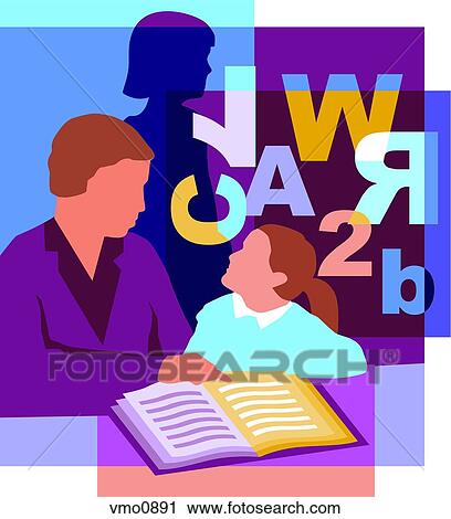 Collage of an adult teaching a dyslexic child how to read, and some letters and numbers View Large Illustration Clip Art - Collage of an adult teaching a dyslexic child how to read, and some letters and numbers. Fotosearch