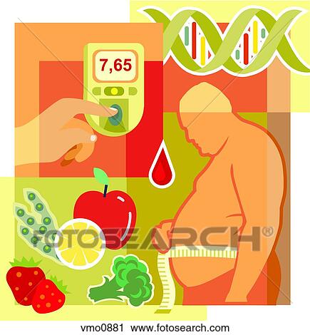 Clip Art - Collage of an overweight man measuring waist, fresh fruit and vegetables, a drop of blood, a blood glucose monitor, and DNA. Fotosearch