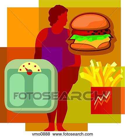 Collage of an overweight person, a hamburger, french fries and a scale View Large Illustration Stock Illustration - Collage of an overweight person, a hamburger, french fries and a scale. Fotosearch