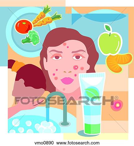 Collage of fresh fruit and vegetables, a face with acne, facial cleanser, a pimple, and a person washing face View Large Illustration Clipart - Collage of fresh fruit and vegetables, a face with acne, facial cleanser, a pimple, and a person washing face. Fotosearch