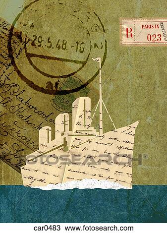 Collage with a cruise ship, vintage letters and stamps View Large Illustration Drawing - Collage with a cruise ship, vintage letters and stamps. Fotosearch