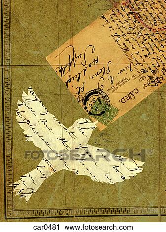 Collage with a flying bird, vintage letters, postcard and stamps View Large Illustration Clip Art - Collage with a flying bird, vintage letters, postcard and stamps. Fotosearch