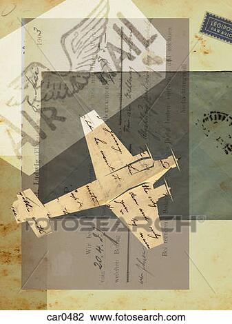 Drawing - Collage with an airplane, air mail, vintage letters and stamps. Fotosearch