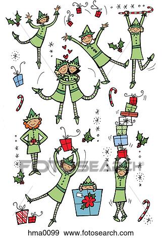 Stock Illustration - Dancing Christmas elves with gifts, holly, and candy canes. Fotosearch