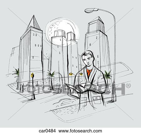 Drawing Of A Man Reading Papers With A Busy Cityscape