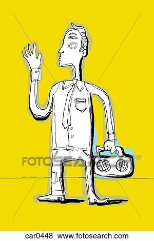 Stock Illustration - Drawing of a man waving and holding a stereo, against yellow background. Fotosearch