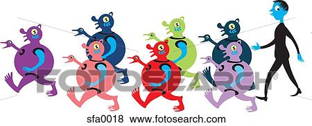 Stock Illustration - Illustration of a boy walking amongst aliens. Fotosearch