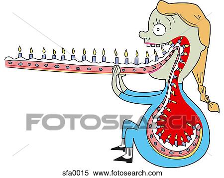Stock Illustration - Illustration of a girl eating a birthday cake, and a view of the cake going into her stomach. Fotosearch