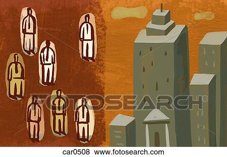 Illustration of a group of businessmen and high-rise buildings in a city View Large Illustration Stock Illustration - Illustration of a group of businessmen and high-rise buildings in a city. Fotosearch