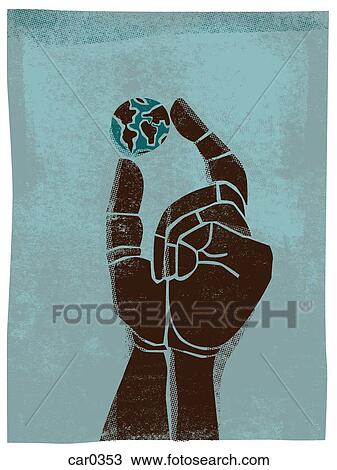 Drawing - Illustration of a hand holding a tiny globe. Fotosearch