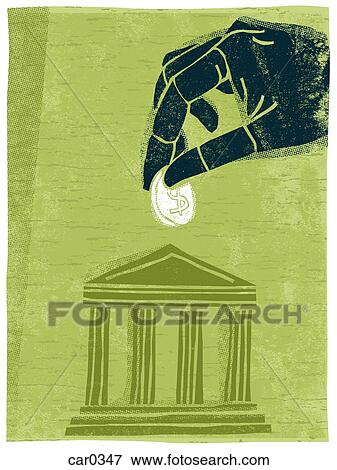 Stock Illustration - Illustration of a hand putting money into a bank. Fotosearch