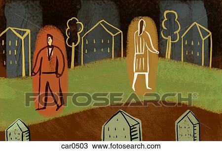 Drawing - Illustration of a man and woman walking away from each other along a path of trees and houses. Fotosearch