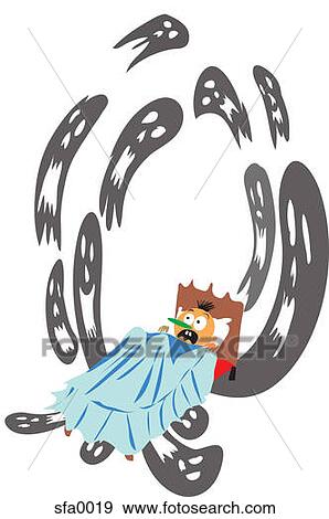 Illustration of a man in bed scared by ghosts surrounding him View Large Illustration Stock Illustration - Illustration of a man in bed scared by ghosts surrounding him. Fotosearch