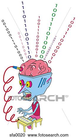 Illustration of a man whose brain is connected to a keyboard and codes coming out of his head View Large Illustration Clipart - Illustration of a man whose brain is connected to a keyboard and codes coming out of his head. Fotosearch