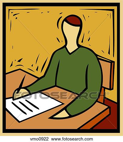 Drawing - Illustration of a person writing at a desk. Fotosearch