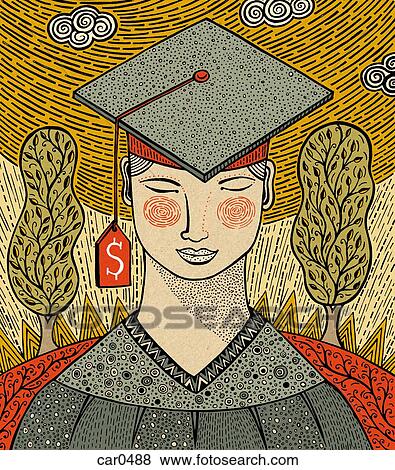 Illustration of a student in graduation attire, with a price tag hanging off the cap View Large Illustration Stock Illustration - Illustration of a student in graduation attire, with a price tag hanging off the cap. Fotosearch
