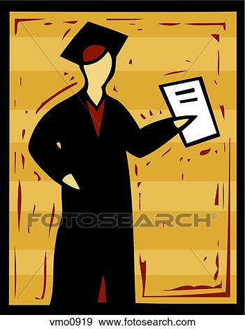 Illustration of a student in graduation cap and gown holding a piece of paper View Large Illustration Stock Illustration - Illustration of a student in graduation cap and gown holding a piece of paper. Fotosearch