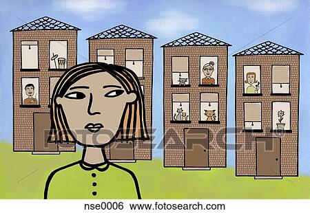 Stock Illustration - Illustration of a woman in front of a row of houses with neighbors looking through windows. Fotosearch