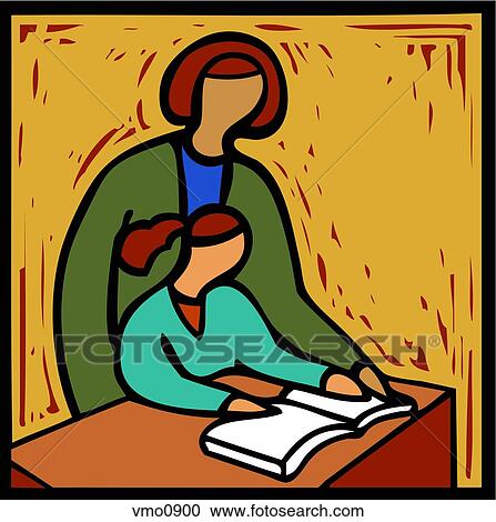 Clipart - Illustration of a woman teaching a girl how to read from a book. Fotosearch