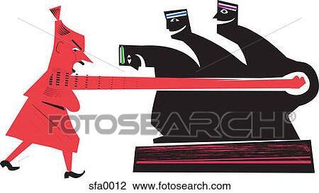 Drawing - Illustration of an angry red woman punching through three laughing men. Fotosearch