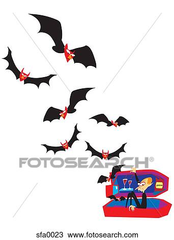 Illustration of bats flying out from a coffin with a vampire inside View Large Illustration Drawing - Illustration of bats flying out from a coffin with a vampire inside. Fotosearch