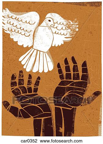 Drawing - Illustration of hands releasing a dove. Fotosearch