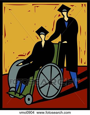 Stock Illustration - Illustration of one student pushing another in a wheelchair, both in graduation gowns. Fotosearch