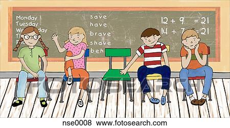 Stock Illustration - Illustration of school children seated in a row in front of a chalkboard. Fotosearch