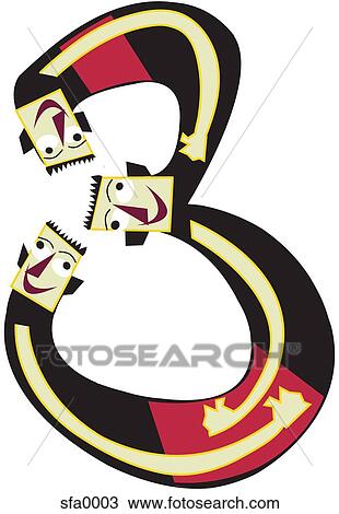 Drawing - Illustration of three men forming the number 3. Fotosearch