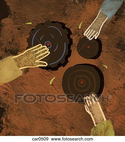 Stock Illustration - Illustration of three peoples hands turning gears and wheels. Fotosearch