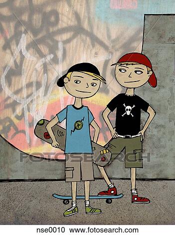 Clipart - Illustration of two boys with their skateboards in front of a halfpipe with graffiti. Fotosearch
