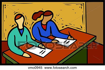 Illustration of two students writing at a desk in a classroom View Large Illustration Stock Illustration - Illustration of two students writing at a desk in a classroom. Fotosearch
