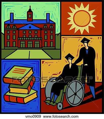 Stock Illustration - Montage of a building, a sun, a student in graduation gown pushing another in a wheelchair, and a stack of books. Fotosearch