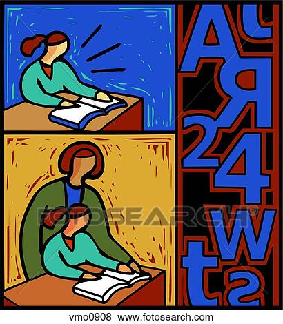 Montage of a girl reading aloud, a woman teaching a girl from a book, and numbers and letters View Large Illustration Stock Illustration - Montage of a girl reading aloud, a woman teaching a girl from a book, and numbers and letters. Fotosearch