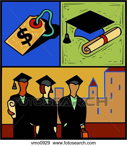 Montage of a group of students in cap and gown, a price tag and a graduation hat and diploma View Large Illustration Stock Illustration - Montage of a group of students in cap and gown, a price tag and a graduation hat and diploma. Fotosearch