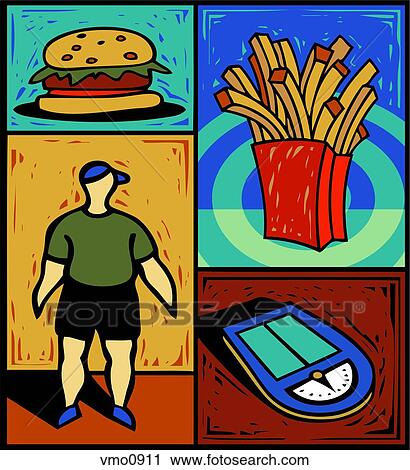 Clip Art - Montage of a hamburger, french fries, a scale, and an overweight person. Fotosearch
