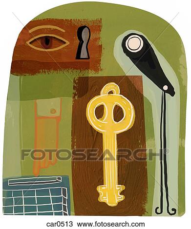 Montage of a key, a telescope, an eye, a keyhole, and a hand entering a password on keyboard View Large Illustration Drawing - Montage of a key, a telescope, an eye, a keyhole, and a hand entering a password on keyboard. Fotosearch