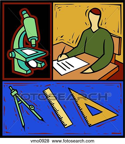 Stock Illustration - Montage of a microscope, a student writing at desk, a ruler, a triangle and a compass. Fotosearch