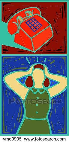Stock Illustration - Montage of a phone and a panicked woman holding her head. Fotosearch