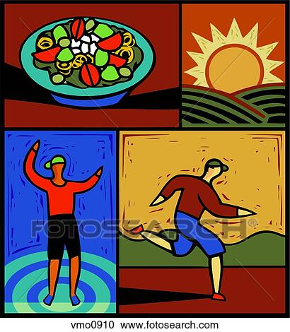 Clipart - Montage of a salad, a sun, a person running and a person exercising. Fotosearch