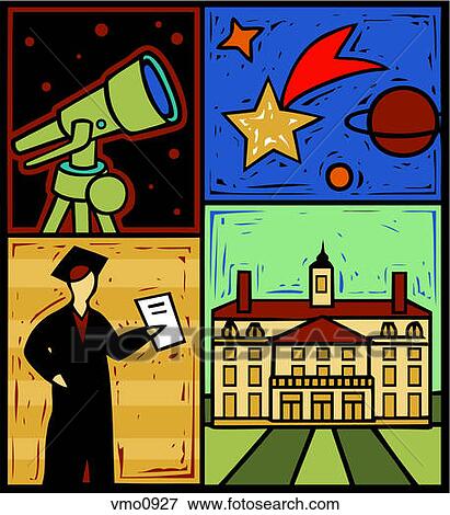 Montage of a student in cap and gown with diploma, a telescope, stars and planets, and a university View Large Illustration Stock Illustration - Montage of a student in cap and gown with diploma, a telescope, stars and planets, and a university. Fotosearch